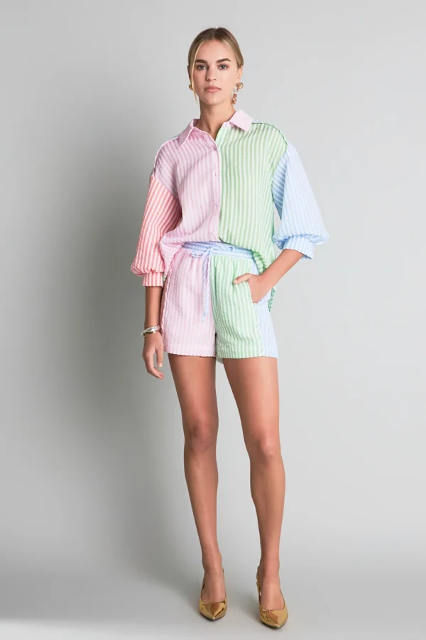 Seersucker Striped Colorblock Shorts - Image 3