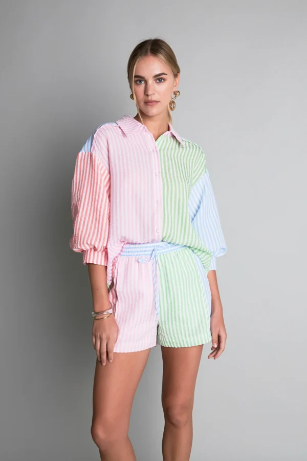 Seersucker Striped Colorblock Shorts